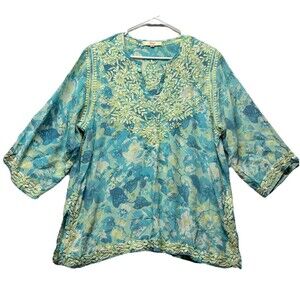 Amaya 100% Silk Embroidered Tunic Top BLOUSE Size 46 Blue Green Boho XL